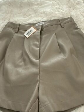 vestique Taupe Vegan Leather Pleated High-Rise Shorts
